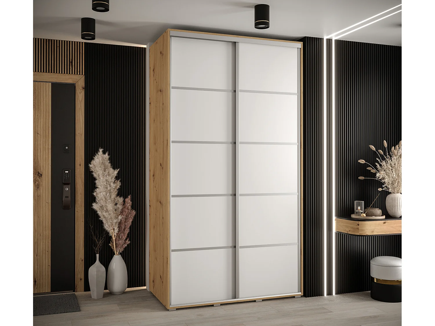 ARMOIRE DAVOS 4 À PORTES COULISSANTES 235,2/140/45 2 portes (Artisan/Blanc/Argent)