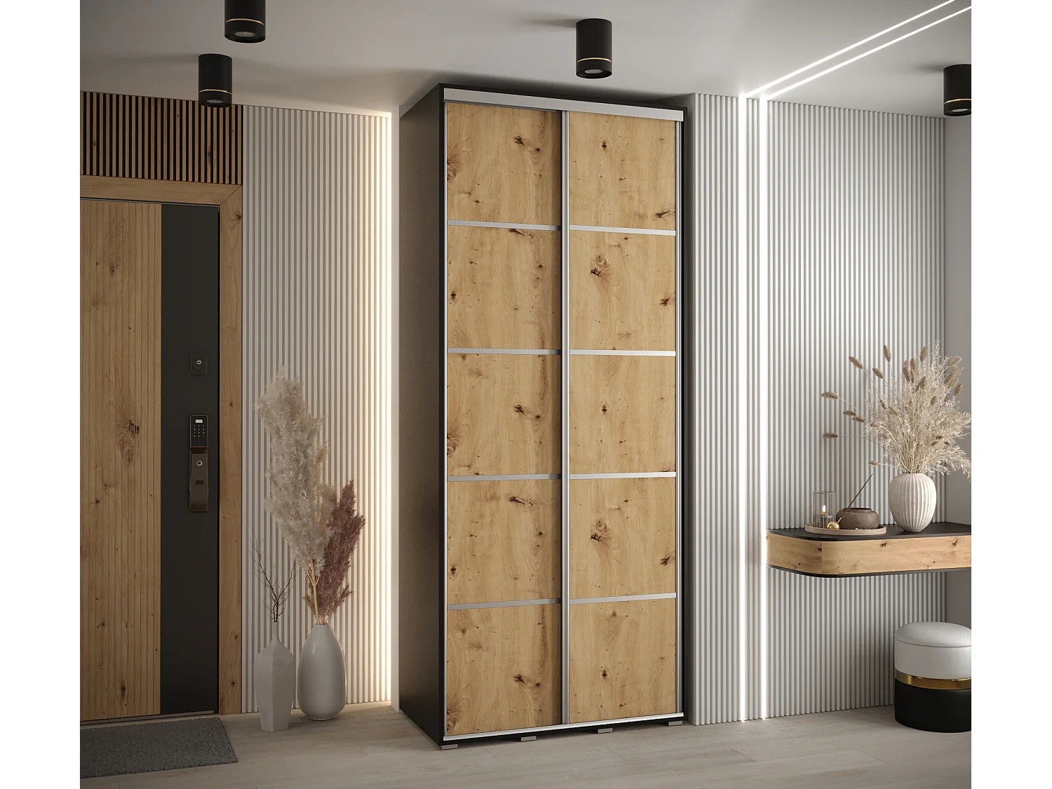 DAVOS 4 KLEDINGKAST MET SCHUIFDEUREN 235,2/110/60 2 deuren (Zwart/Artisan/Zilver)