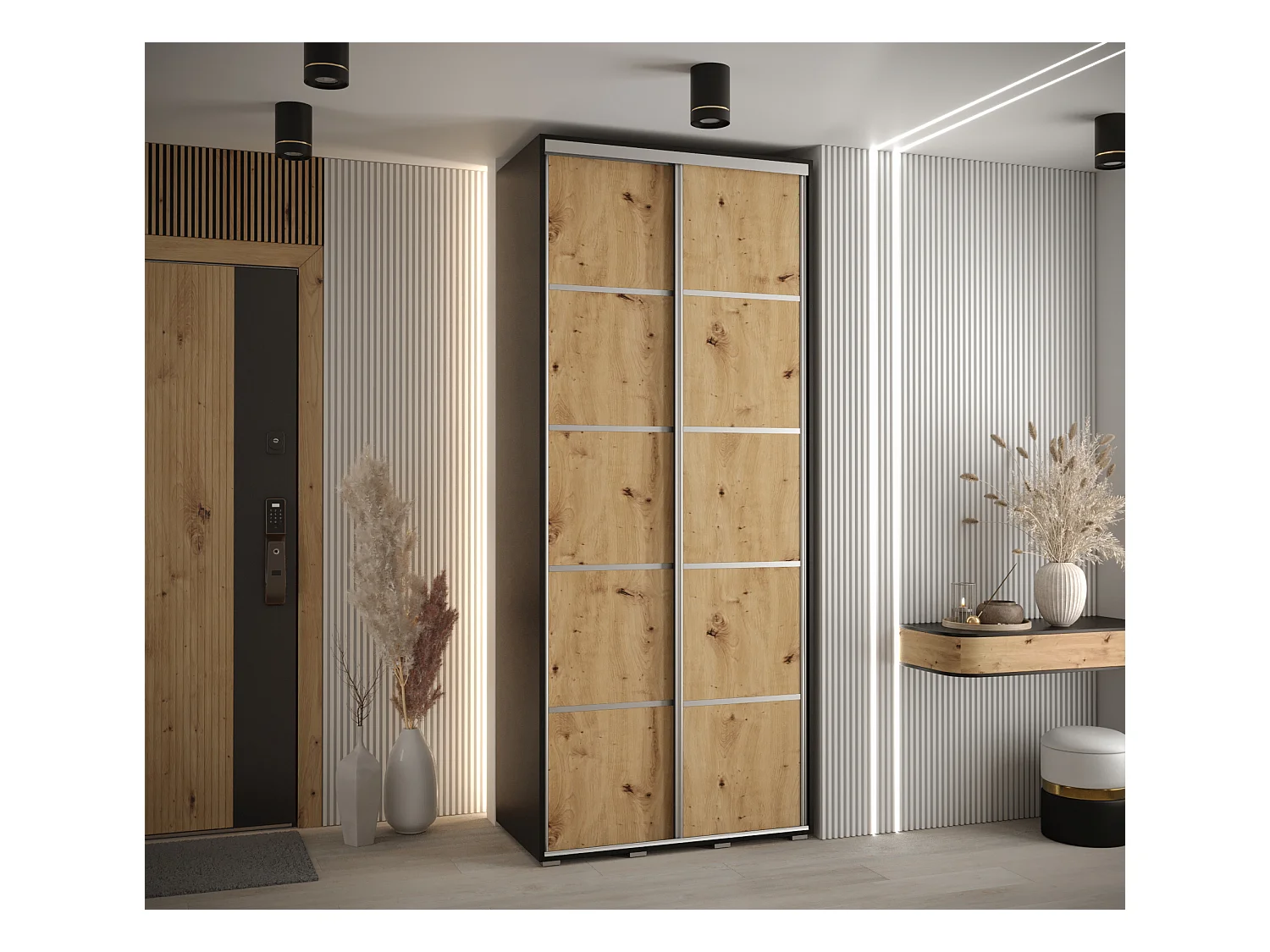 ARMOIRE DAVOS 4 À PORTES COULISSANTES 235,2/100/45 2 portes (Noir/Artisan/Argent)