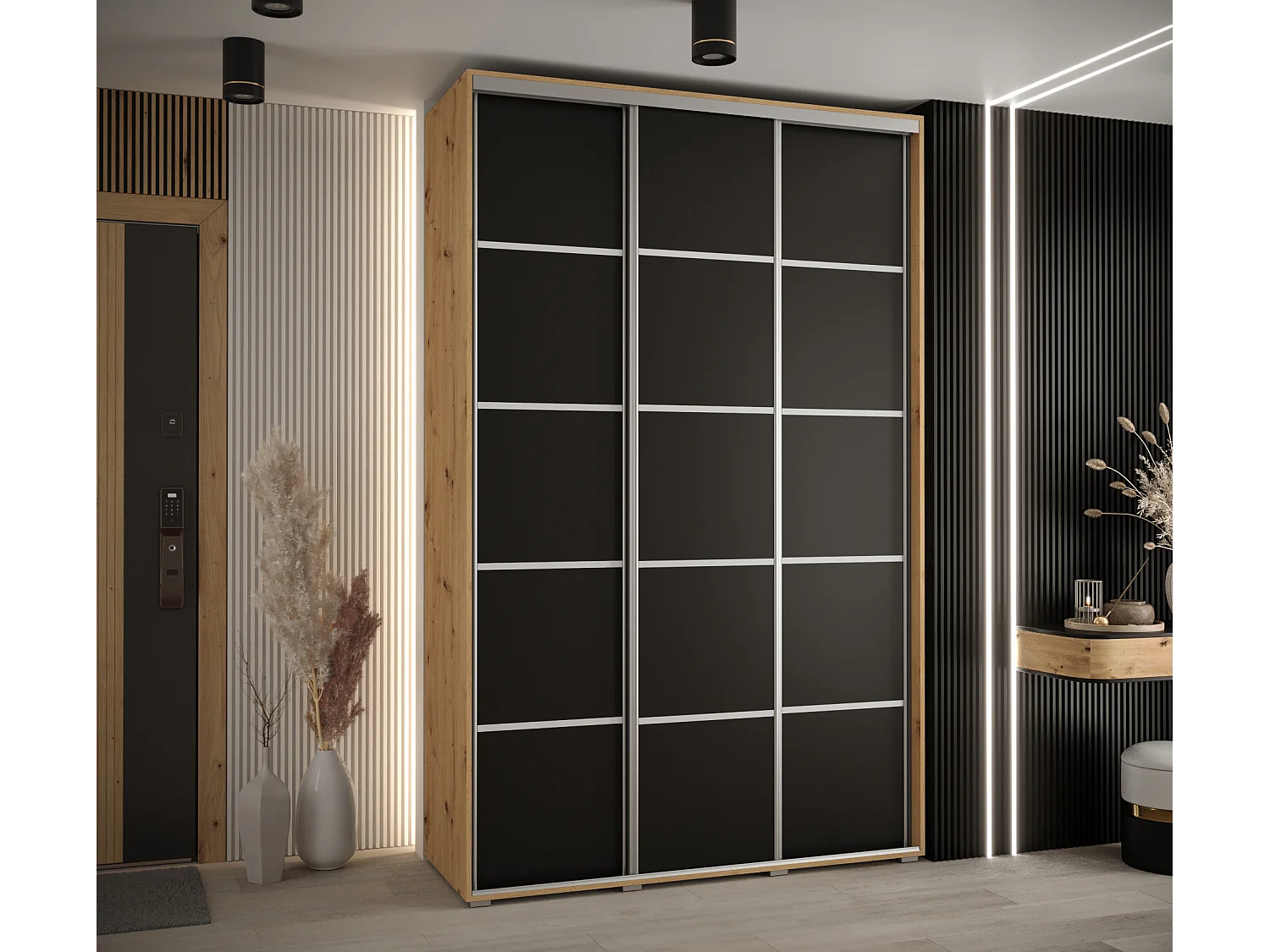 ARMOIRE DAVOS 4 À PORTES COULISSANTES 235,2/150/45 3 portes (Artisan/Noir/Argent)