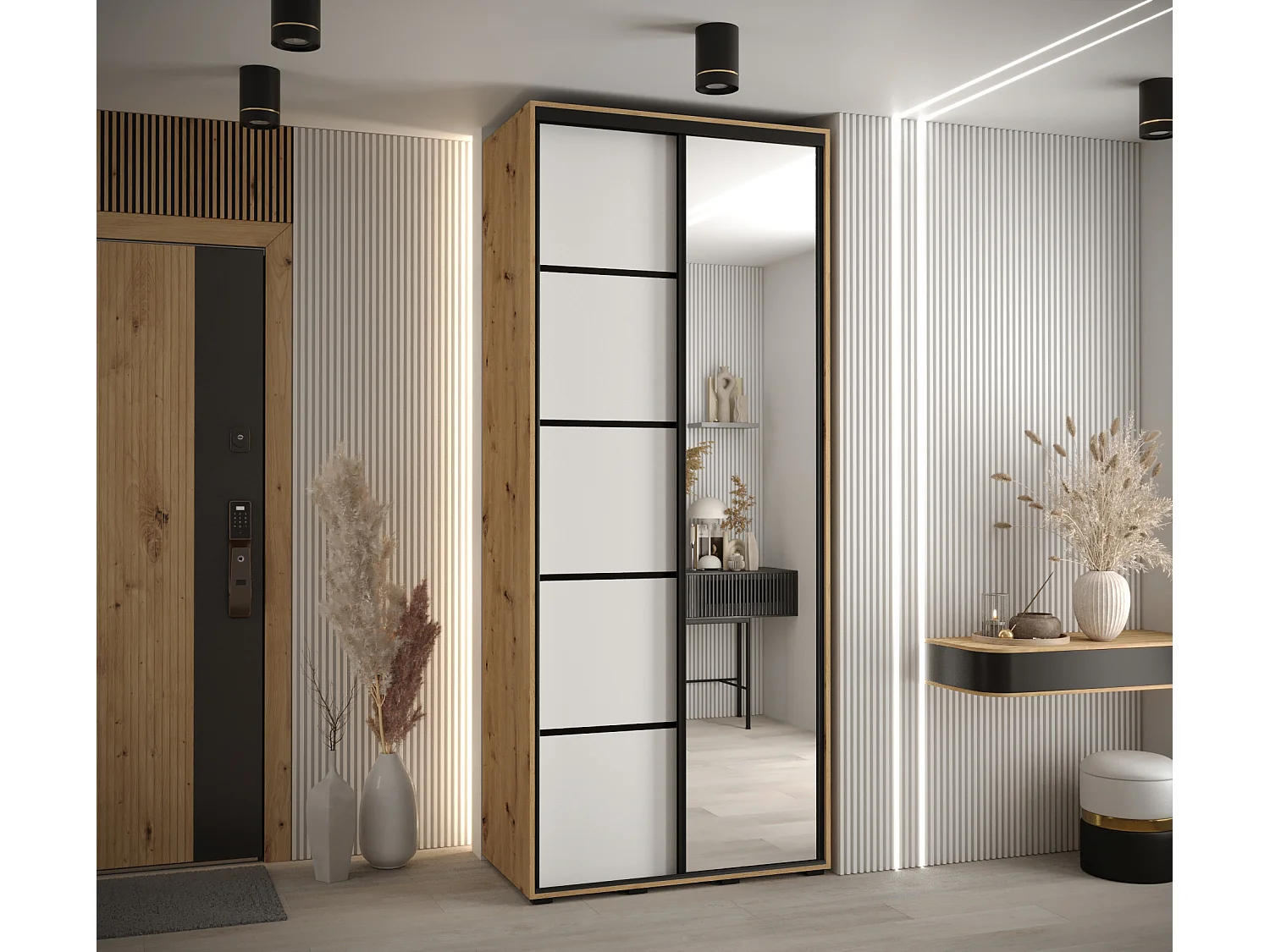 ARMOIRE DAVOS 5 À PORTES COULISSANTES 235,2/100/60 2 portes (Artisan/Blanc/Noir)