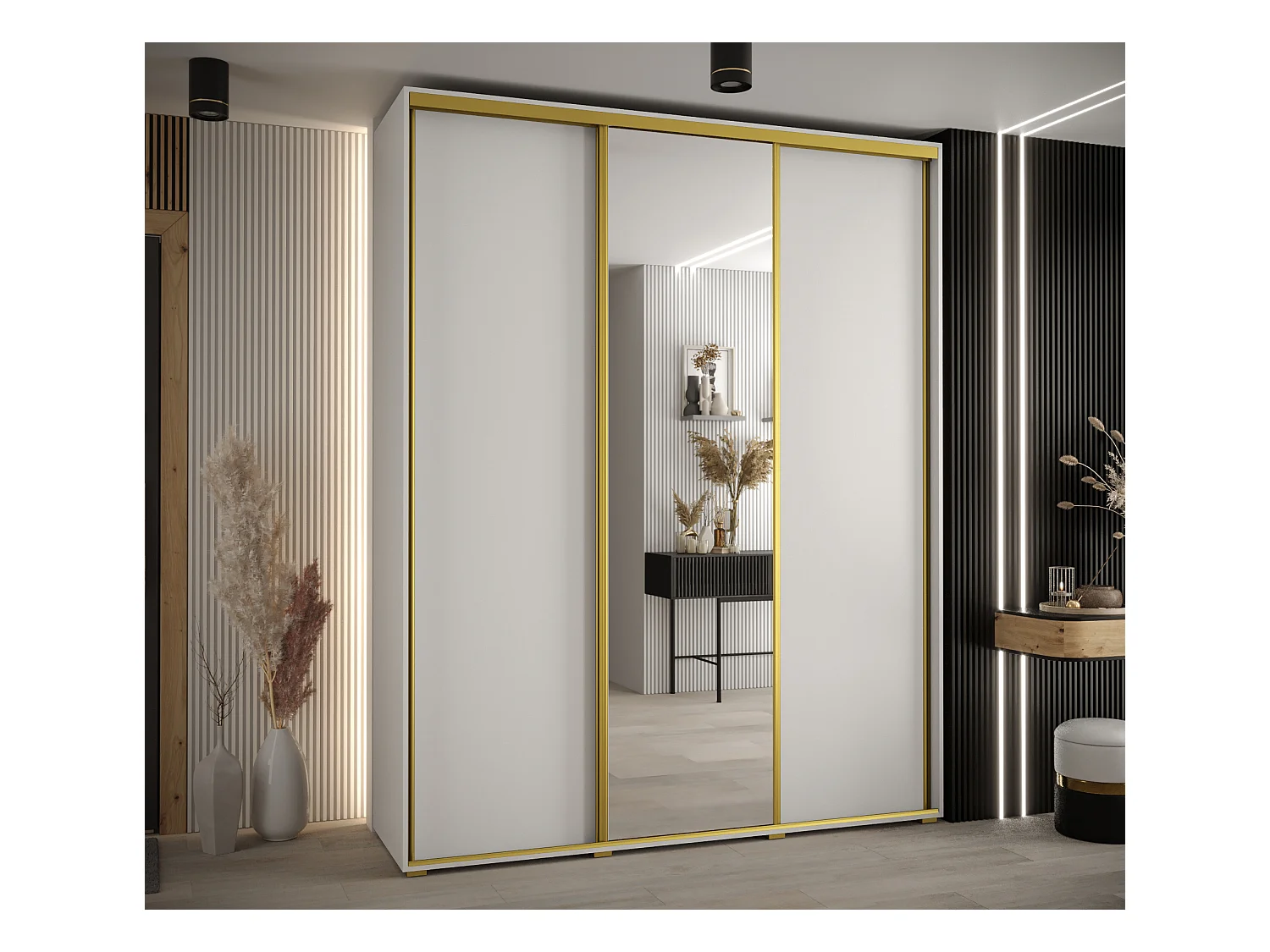 ARMOIRE DAVOS 3 À PORTES COULISSANTES 235,2/200/45 3 portes (Blanc/Blanc/Or)