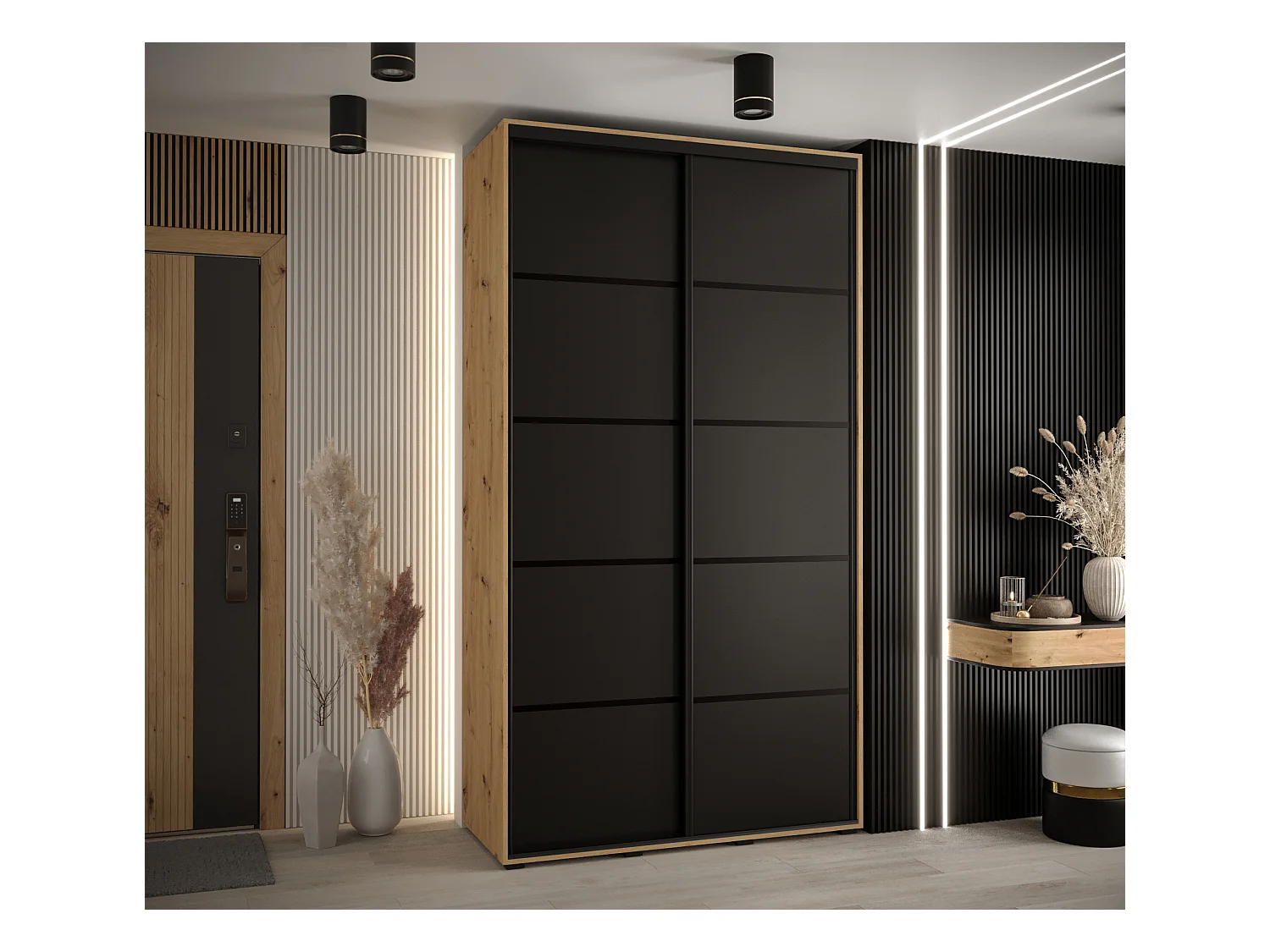 ARMOIRE DAVOS 4 À PORTES COULISSANTES 235,2/140/45 2 portes (Artisan/Noir/Noir)