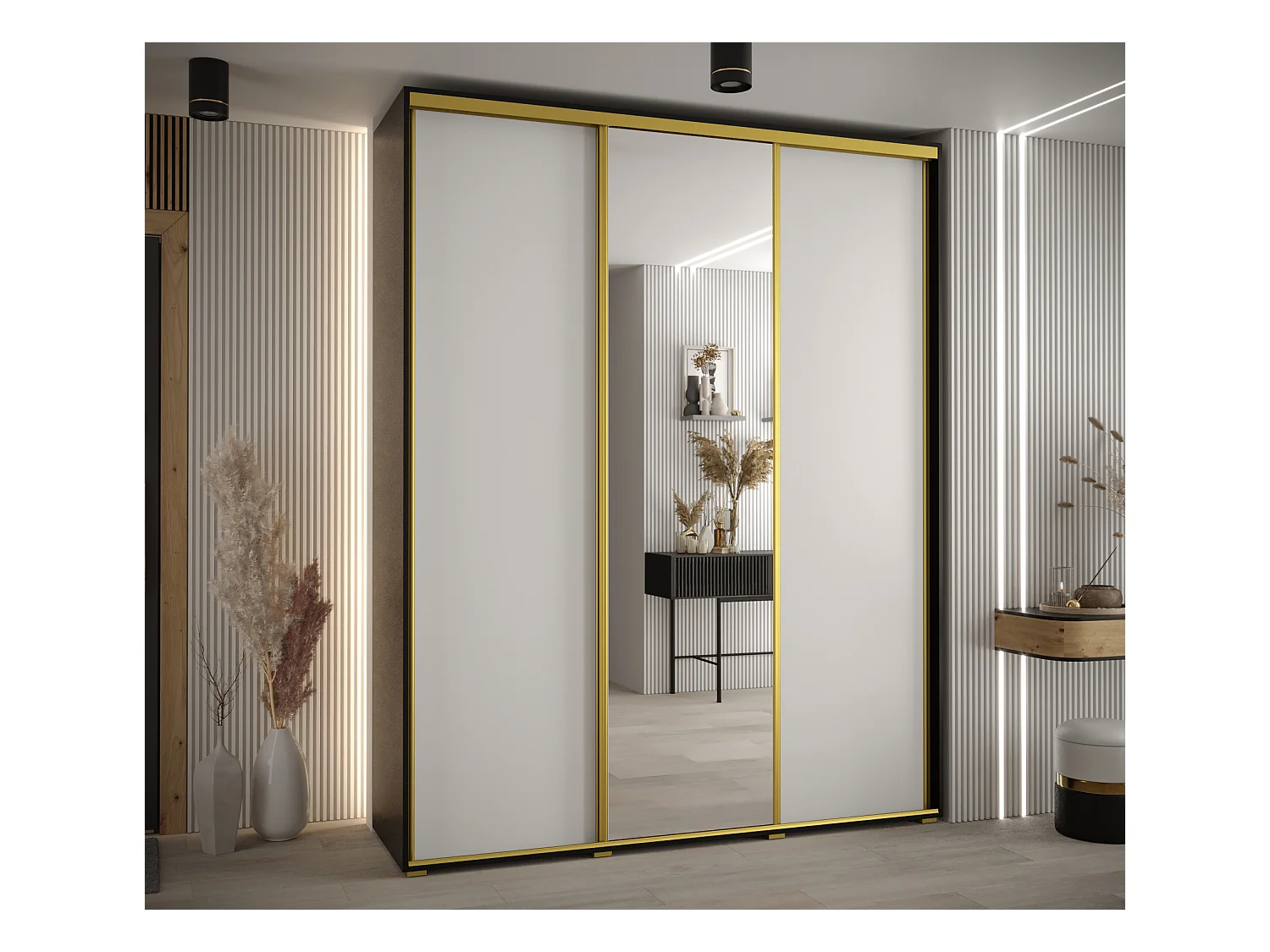 SCHWEBETÜRENSCHRANK DAVOS 3 235,2/190/45 3-türig (Schwarz/Weiß/Gold)