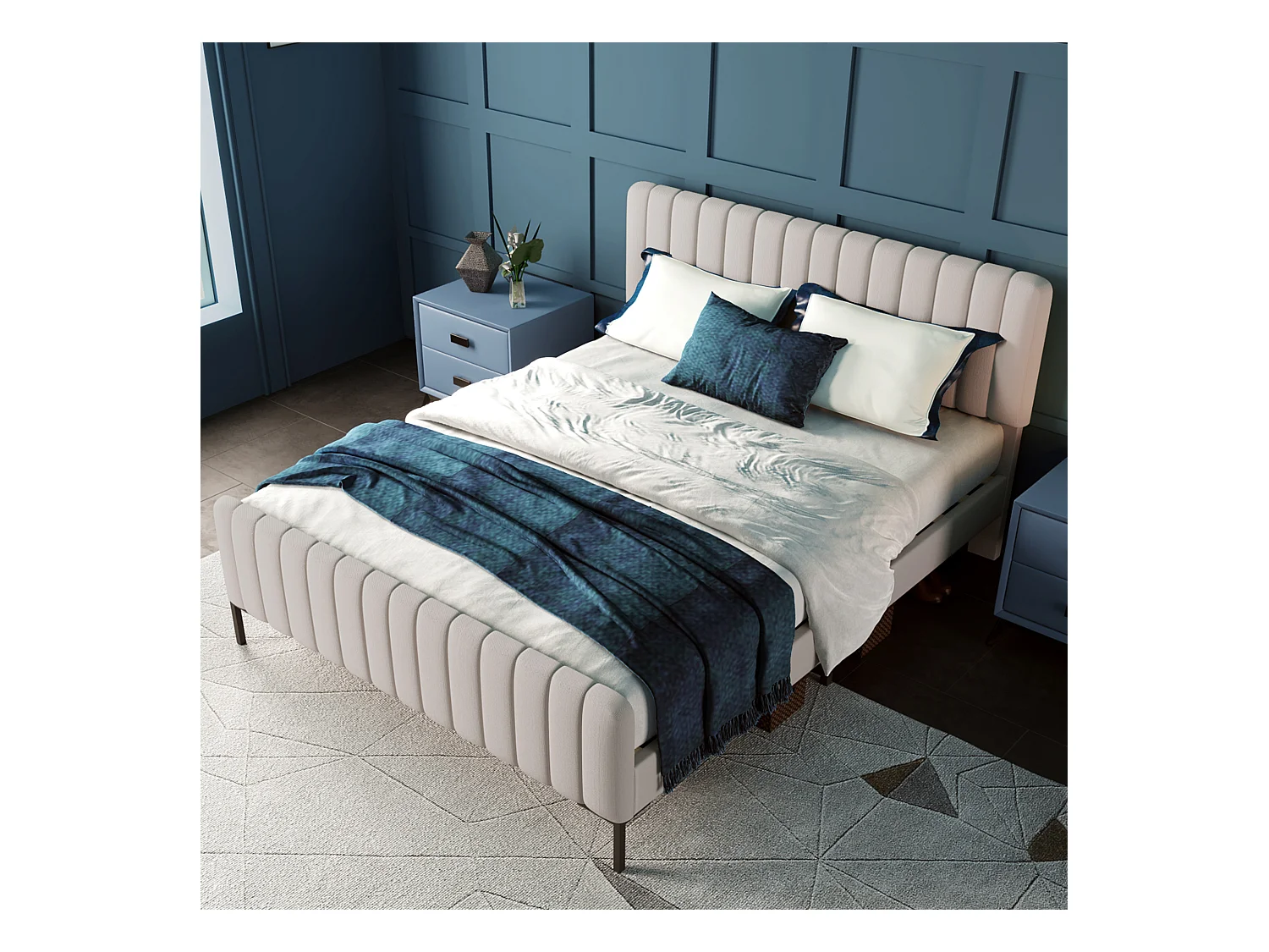Lit tapissé - 180x200 cm - Lit double avec sommier à lattes et tête de lit réglable - Matière lin, gris-beige