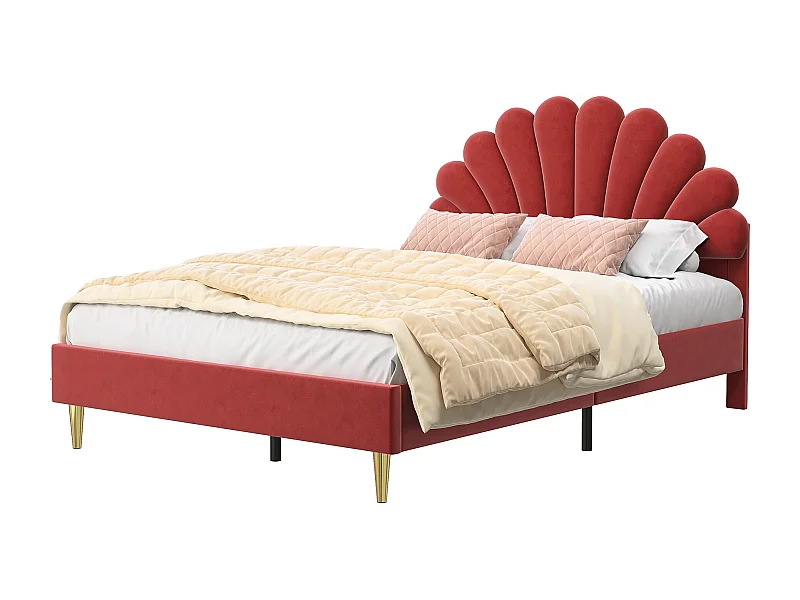 Polsterbett - 140x200 cm - Doppelbett mit blumenförmigem Kopfteil und Lattenrost - Samt - Rotwein