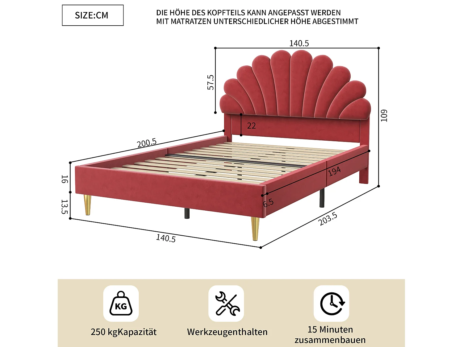 Polsterbett - 140x200 cm - Doppelbett mit blumenförmigem Kopfteil und Lattenrost - Samt - Rotwein