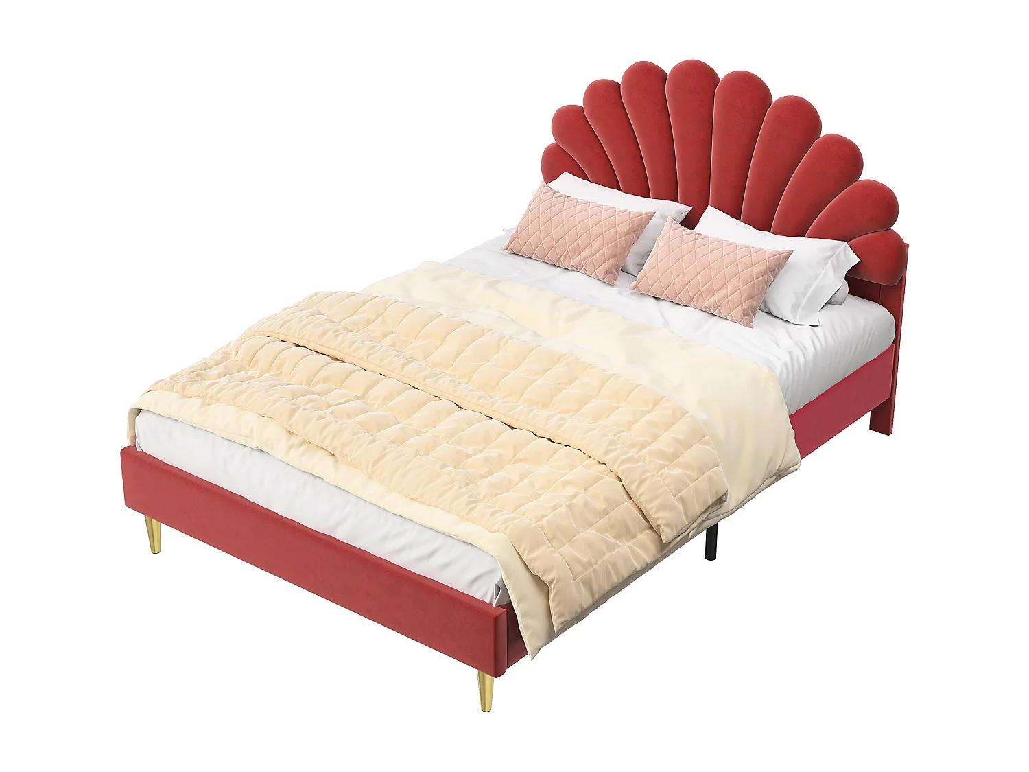 Polsterbett - 140x200 cm - Doppelbett mit blumenförmigem Kopfteil und Lattenrost - Samt - Rotwein