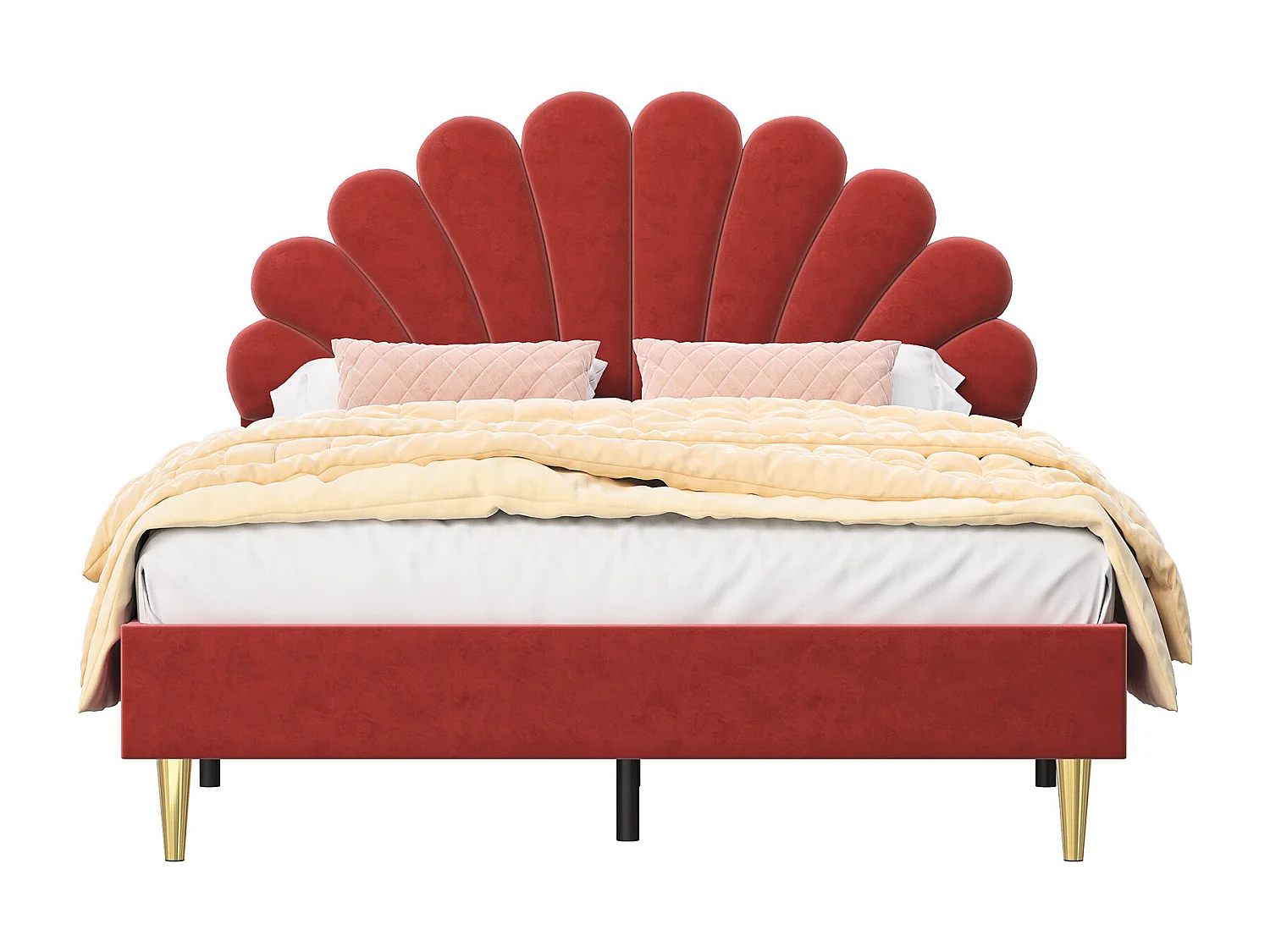 Polsterbett - 140x200 cm - Doppelbett mit blumenförmigem Kopfteil und Lattenrost - Samt - Rotwein