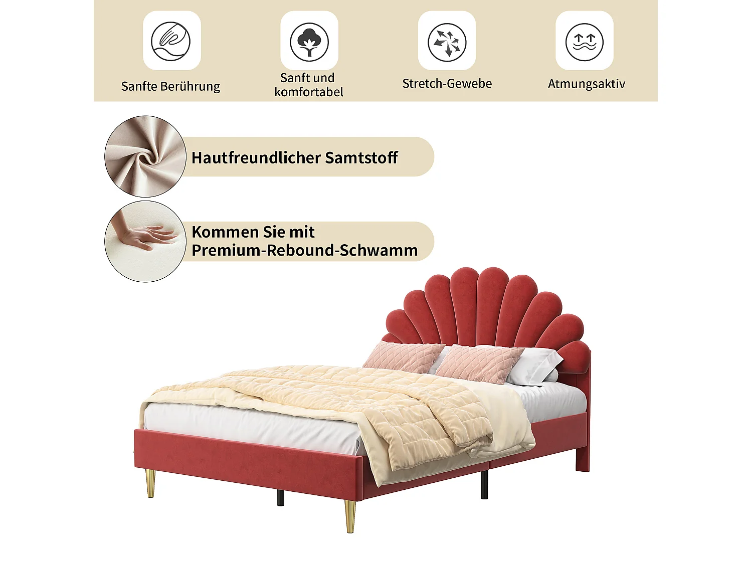 Polsterbett - 140x200 cm - Doppelbett mit blumenförmigem Kopfteil und Lattenrost - Samt - Rotwein