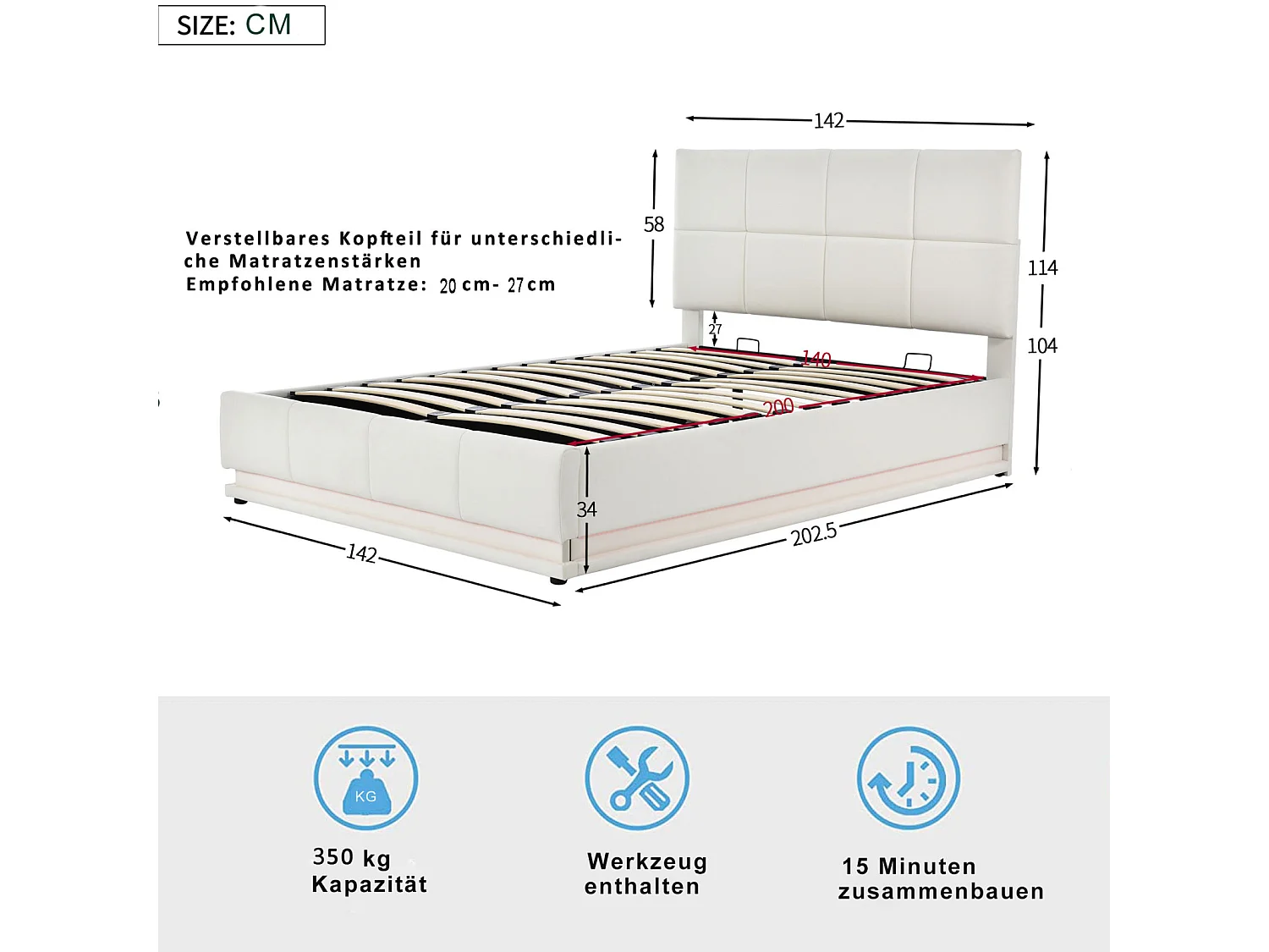 Polsterbett 140x200cm mit LED, hydraulisches Boxspringbett mit Lattenrost und Stauraum, Doppelbett Holzbett Jugendbett Kunstleder, Weiß