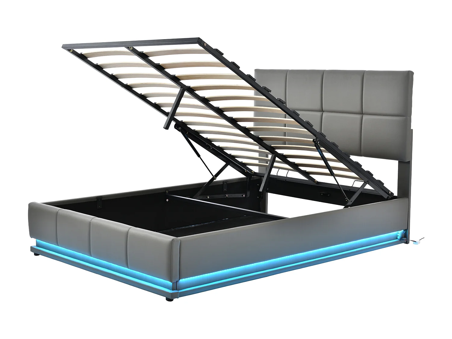 Polsterbett mit LED, hydraulisches Boxspringbett 140x200cm mit Lattenrost, Stauraum, Doppelbett Holzbett Kunstleder, Grau