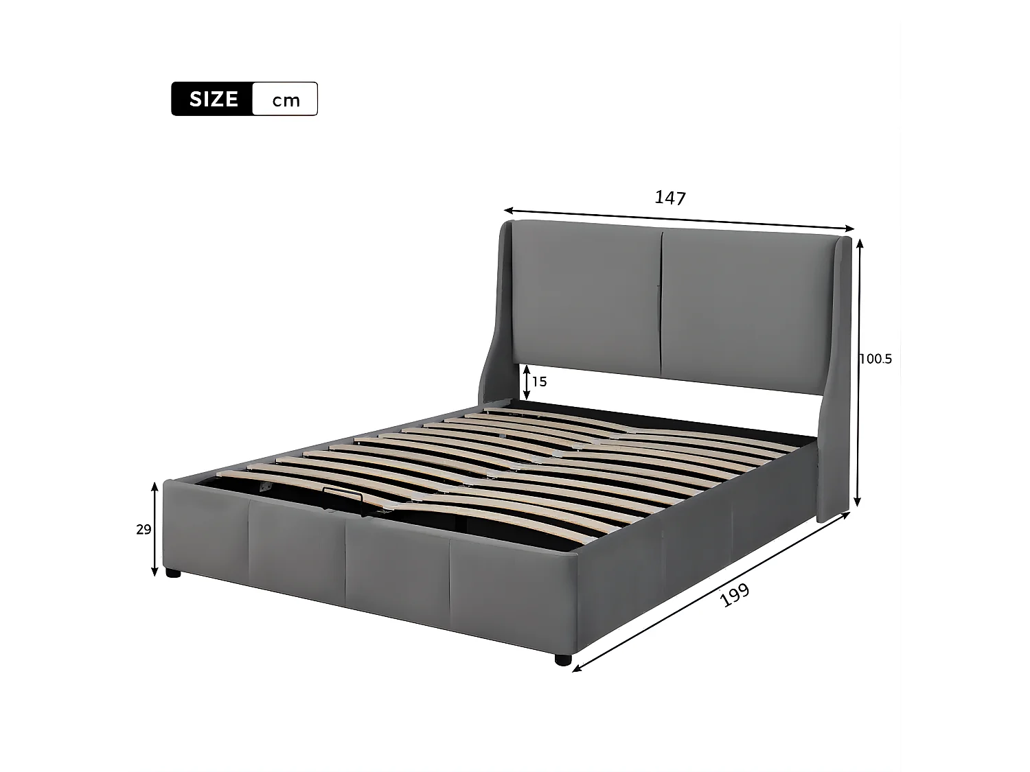 Lit tapissé - 140x190 cm - Lit double avec rangement - Velours - Gris