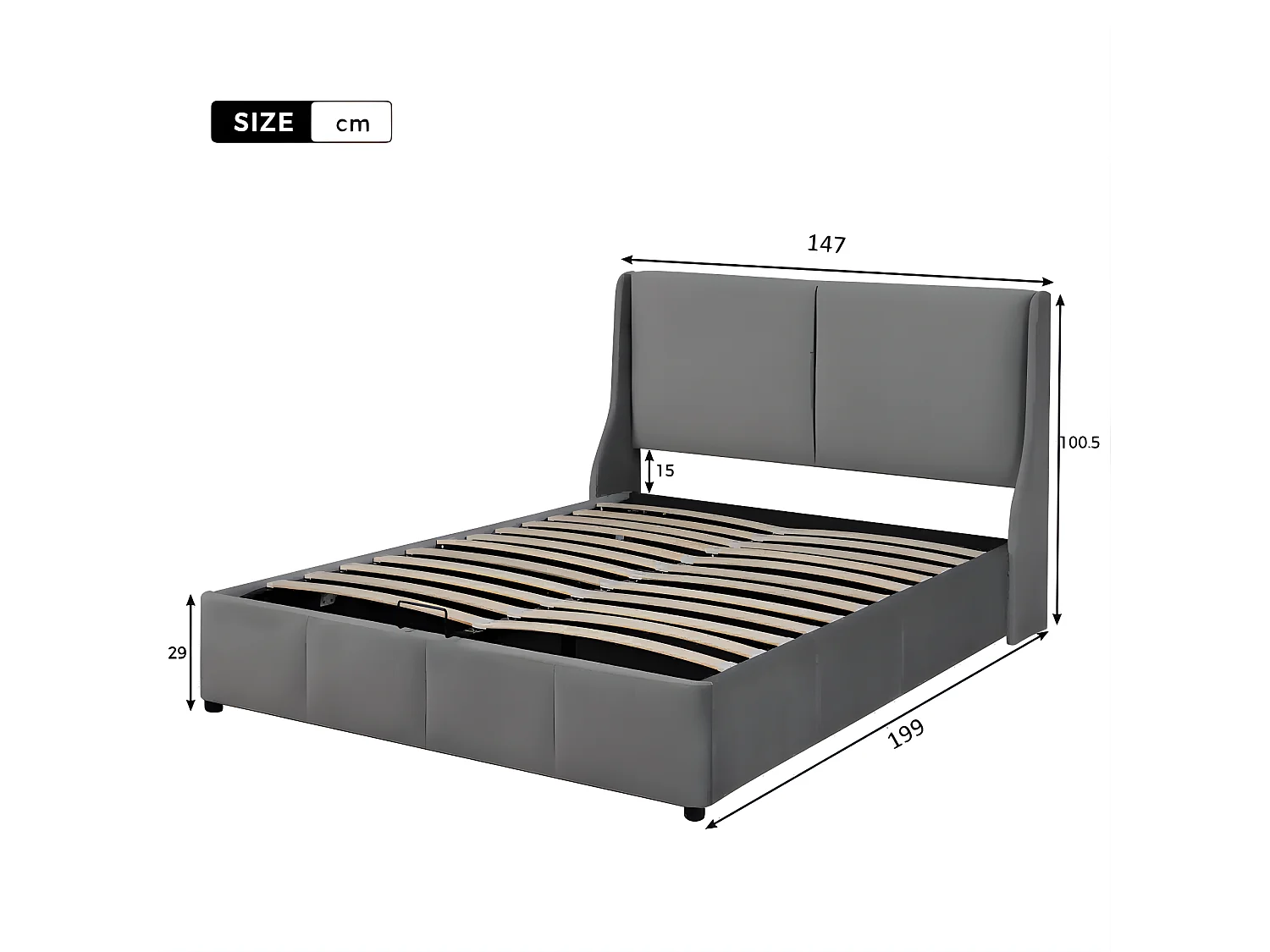 Lit tapissé - 140x190 cm - Lit double avec rangement - Velours - Gris