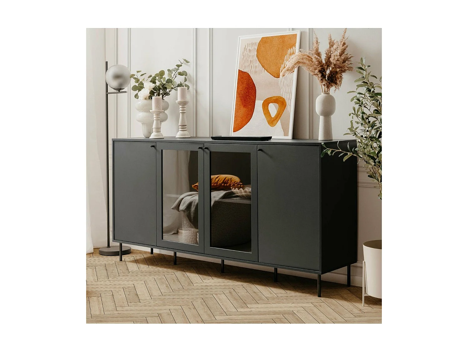 Buffet 4 Portes dont 2 Vitrées Bleu Marine L180 cm - BOGOTA