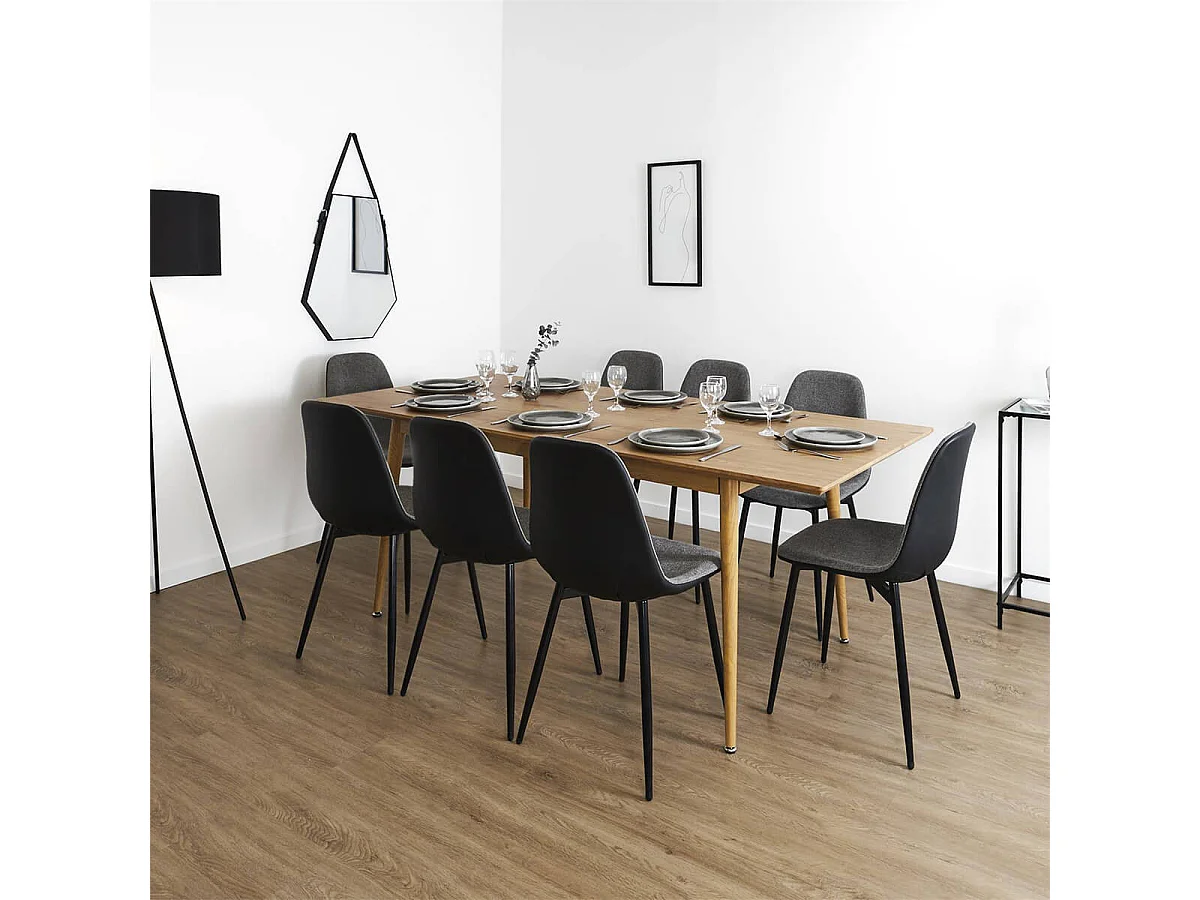 ANDREA - Table Repas Extensible en MDF Aspect Chêne Clair Pieds Métal