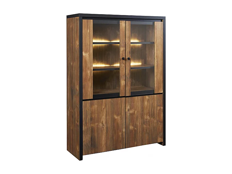 STALONE - Argentier 4 Portes Effet Bois Manguier Foncé et Noir