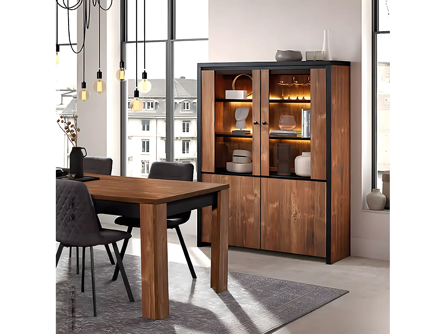 STALONE - Argentier 4 Portes Effet Bois Manguier Foncé et Noir