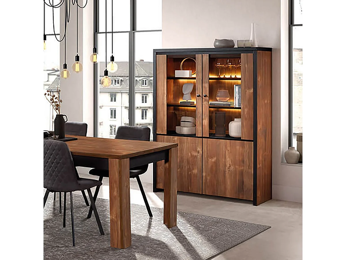 STALONE - Argentier 4 Portes Effet Bois Manguier Foncé et Noir