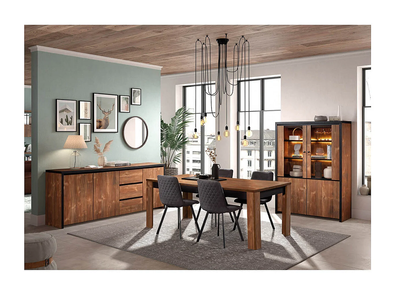 STALONE - Argentier 4 Portes Effet Bois Manguier Foncé et Noir