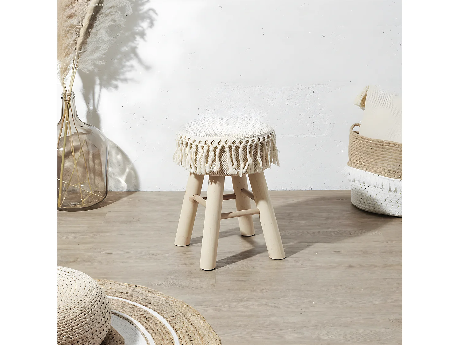 NELYA - NELYA - Lot de 2 Tabourets Assise Décorative en Tissu Pieds en Pin Naturel