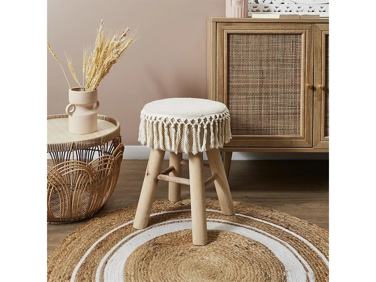 NELYA - NELYA - Lot de 2 Tabourets Assise Décorative en Tissu Pieds en Pin Naturel