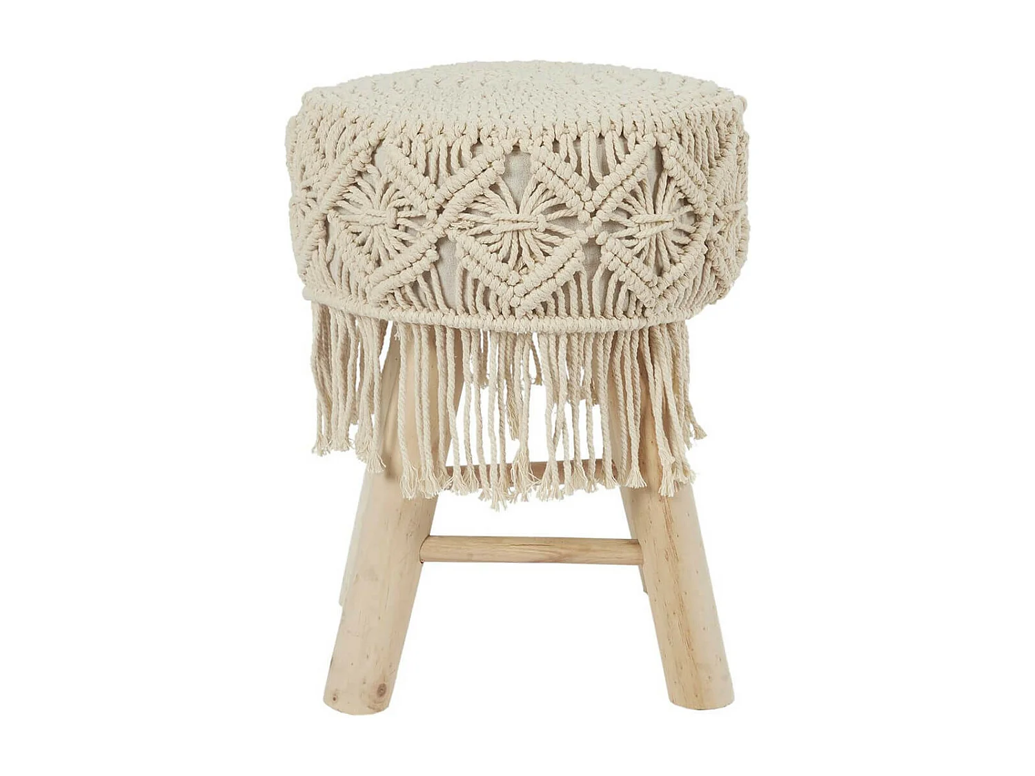 BOHEMIAN - Tabouret Assise Décorative Style Macramé Pieds en Pin Naturel