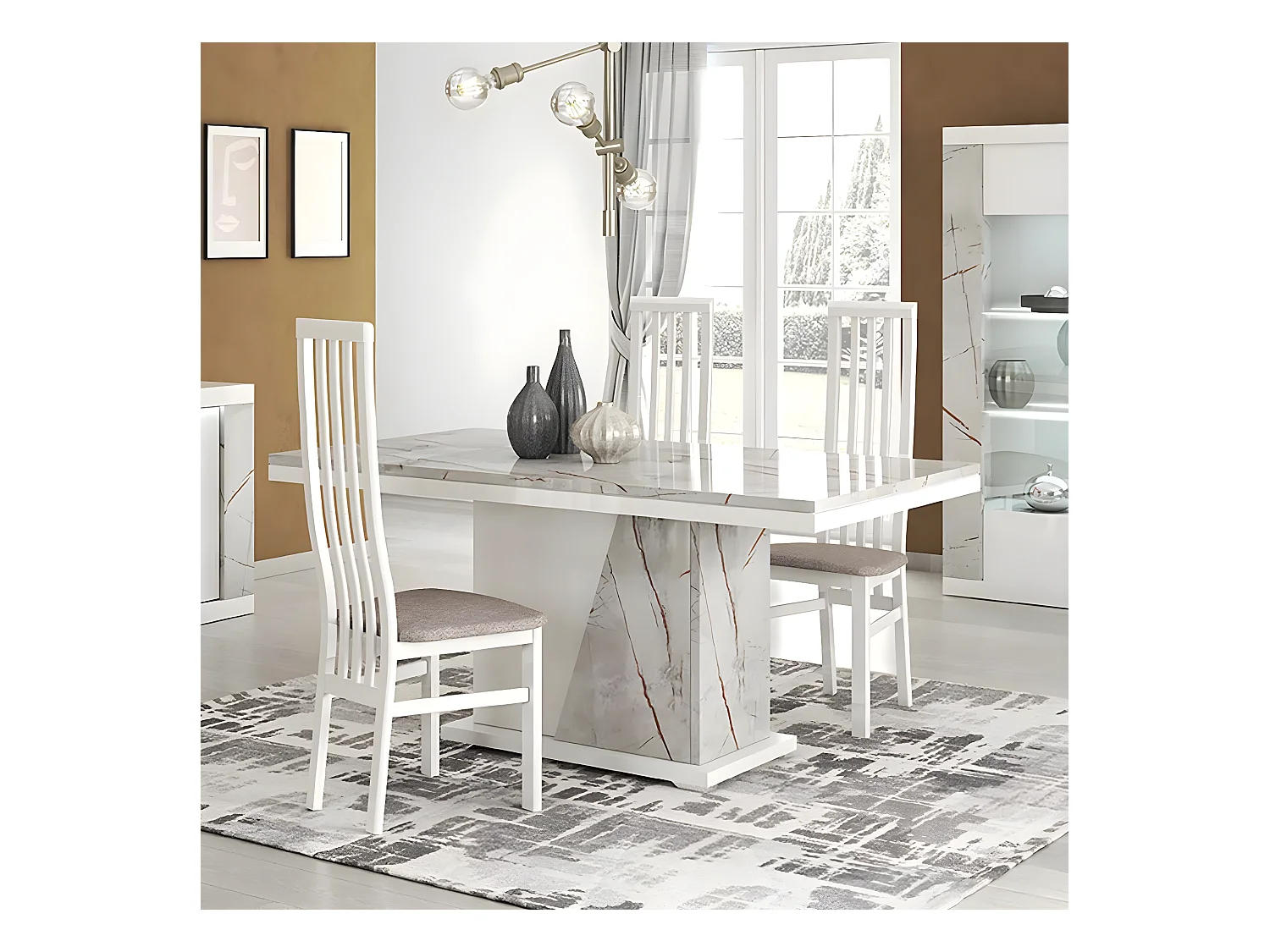 EROS - Table Repas Pied Central Blanc et Aspect Marbre