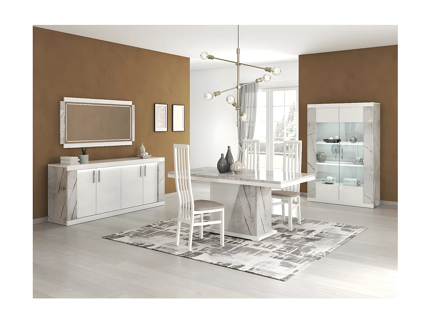 EROS - Table Repas Pied Central Blanc et Aspect Marbre