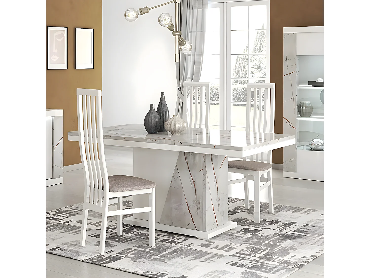 EROS - Table Repas Pied Central Blanc et Aspect Marbre