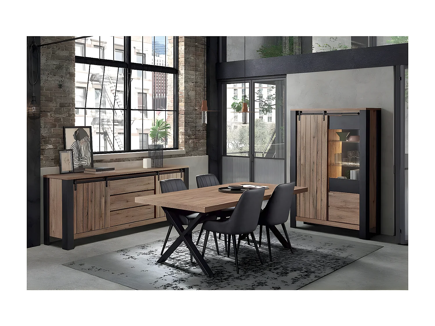 CLODIUS - Table 200cm Aspect Bois Piètement X Métal Noir