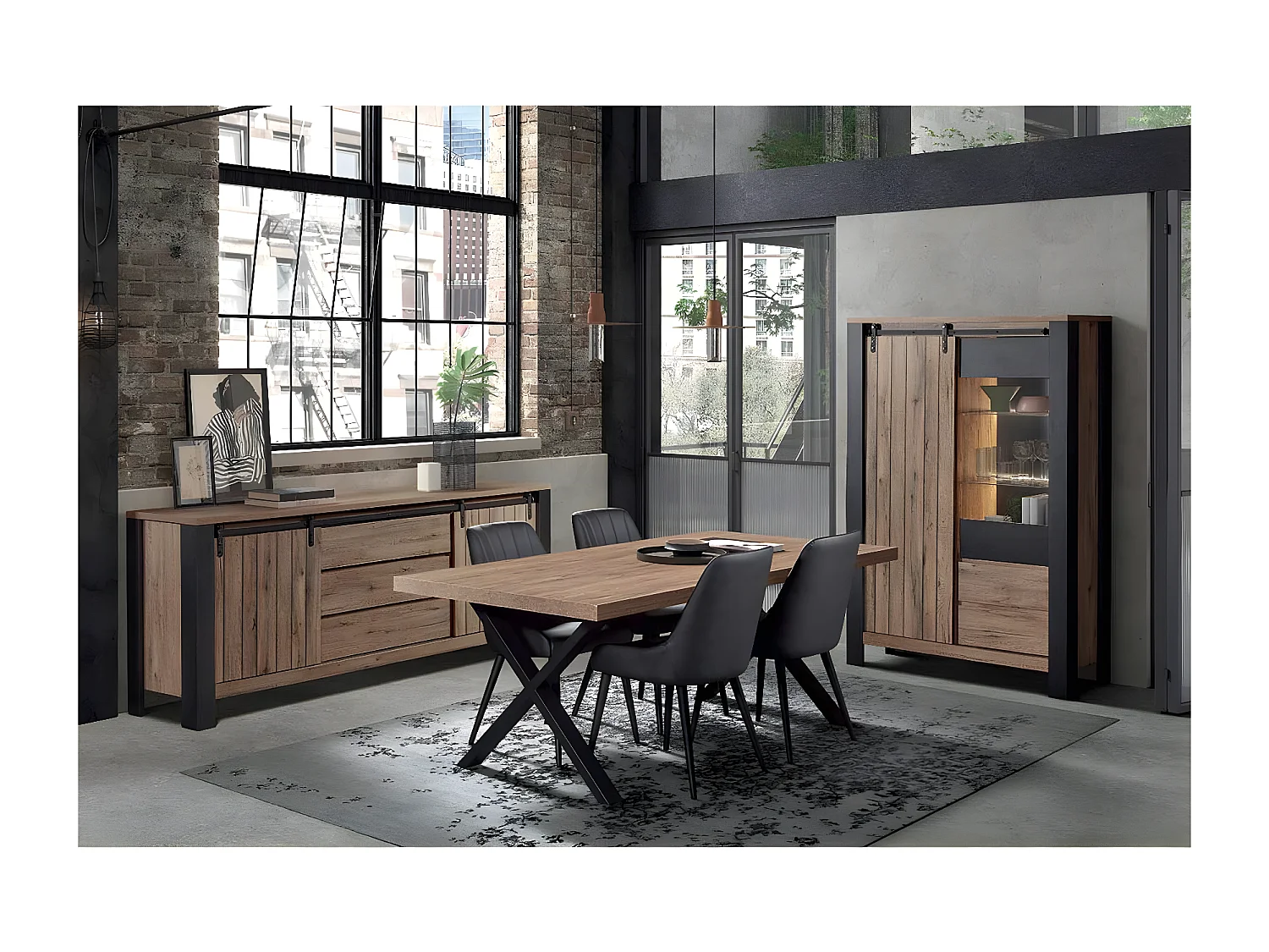 CLODIUS - Table 230cm Aspect Bois Piètement X Métal Noir