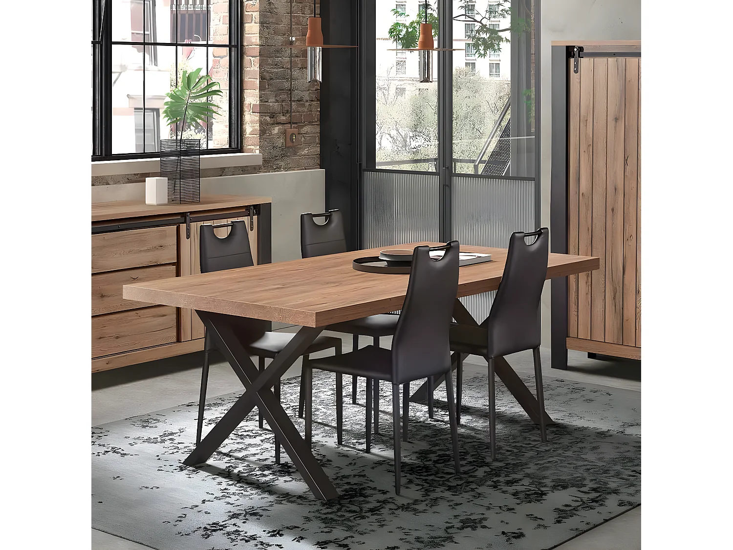 CLODIUS - Table 170cm Aspect Bois Piètement X Métal Noir