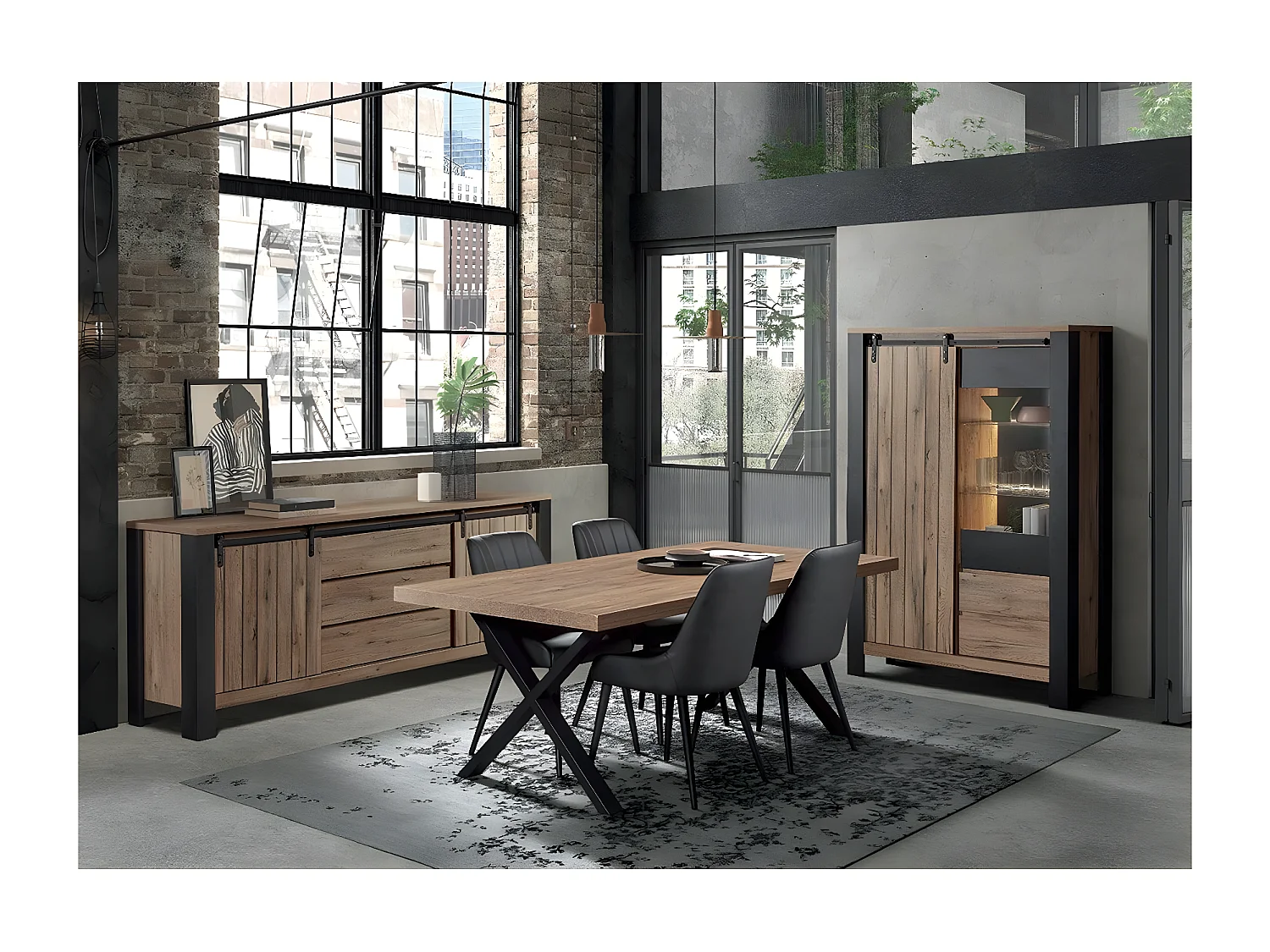 CLODIUS - Table 170cm Aspect Bois Piètement X Métal Noir