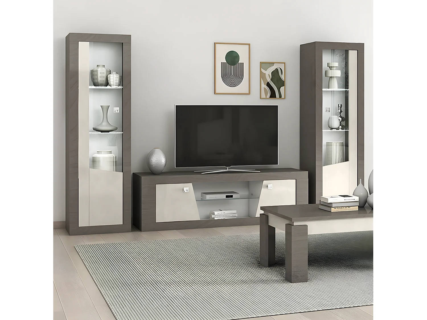 GONDOR - Vitrine 1 Porte Droite Décor Bois Gris Veiné et Beige avec Leds