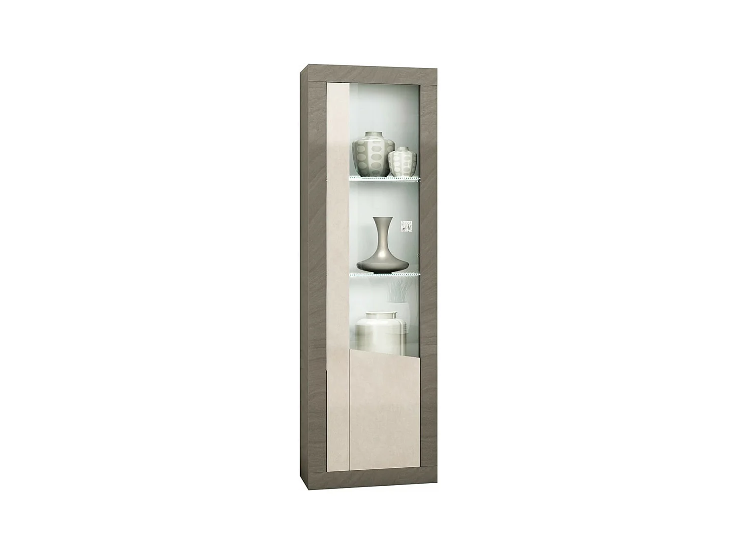 GONDOR - Vitrine 1 Porte Droite Décor Bois Gris Veiné et Beige avec Leds