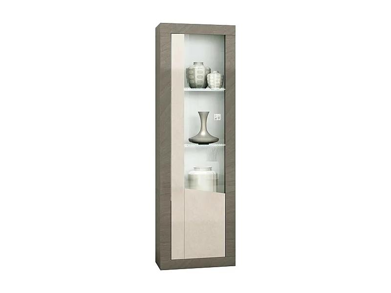 GONDOR - Vitrine 1 Porte Droite Décor Bois Gris Veiné et Beige avec Leds