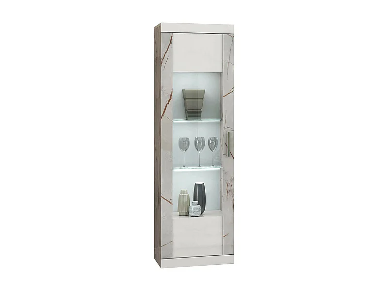 EROS - Vitrine 1 Porte Blanc Eclairage Led intégré avec Décor Latéral Aspect Marbre
