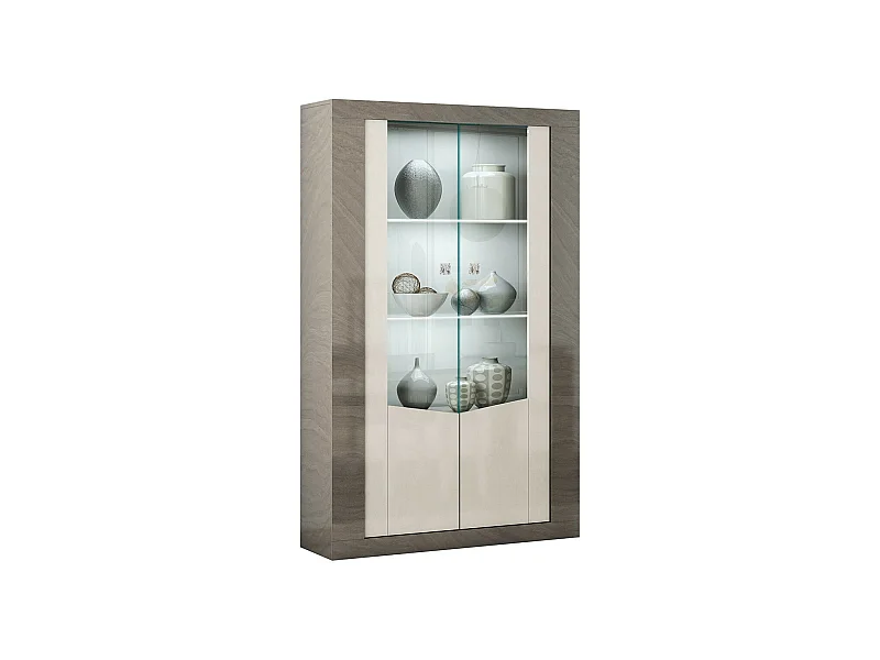 GONDOR - Vitrine 2 Portes Décor Bois Gris Veiné et Beige avec Leds