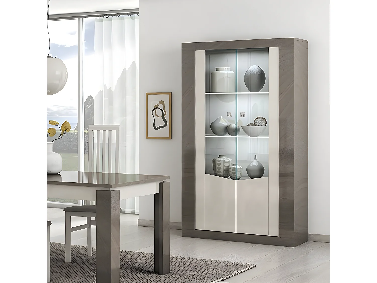 GONDOR - Vitrine 2 Portes Décor Bois Gris Veiné et Beige avec Leds