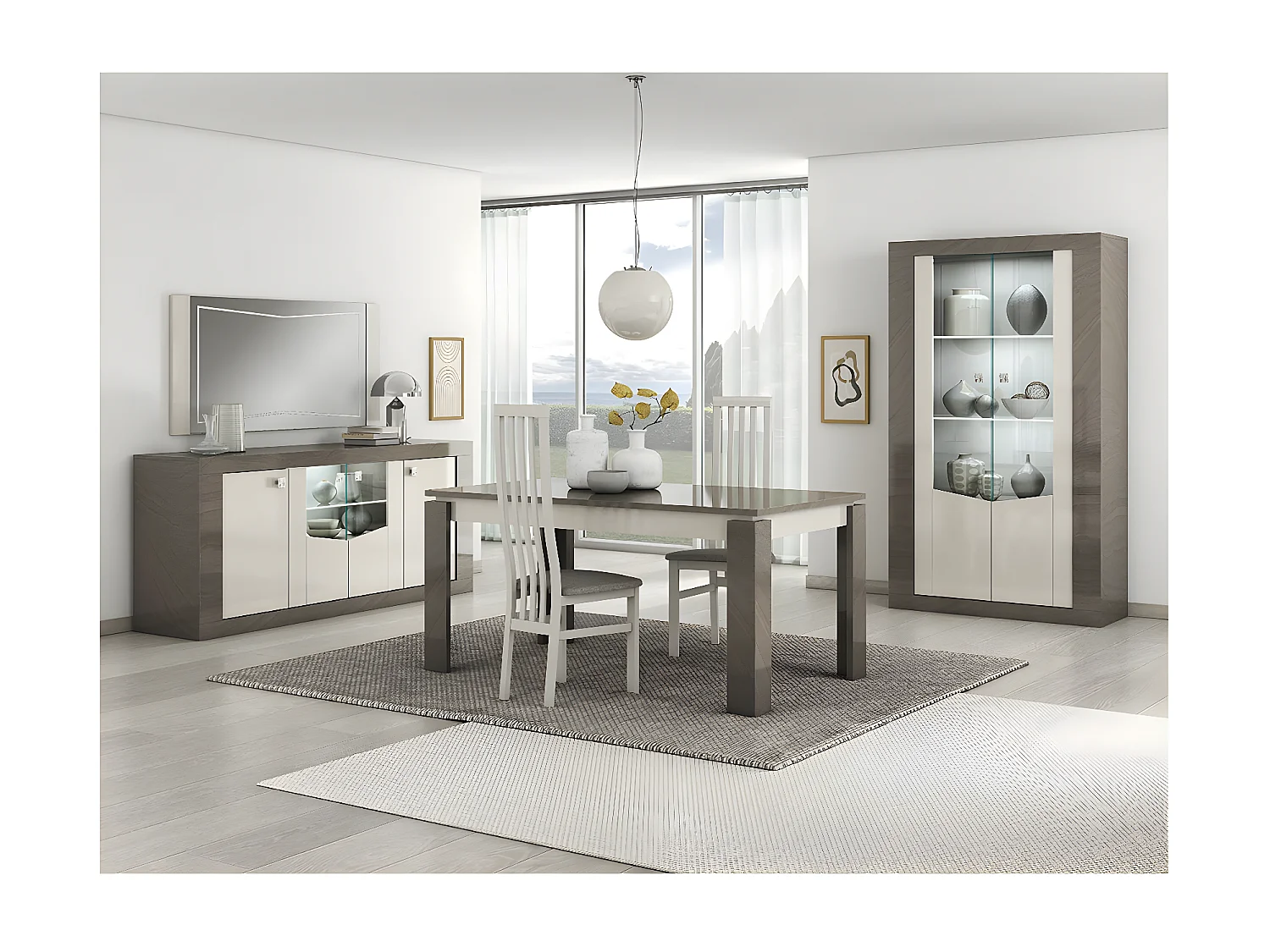 GONDOR - Vitrine 2 Portes Décor Bois Gris Veiné et Beige avec Leds