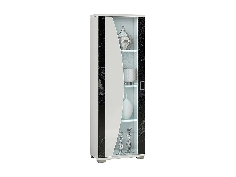 ARIANE - Vitrine 1 Porte Blanc Eclairage Led intégré avec Décor Latéral Aspect Marbre Noir