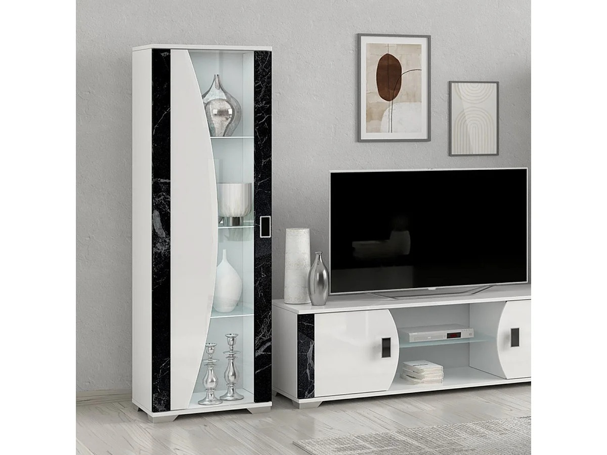 ARIANE - Vitrine 1 Porte Blanc Eclairage Led intégré avec Décor Latéral Aspect Marbre Noir