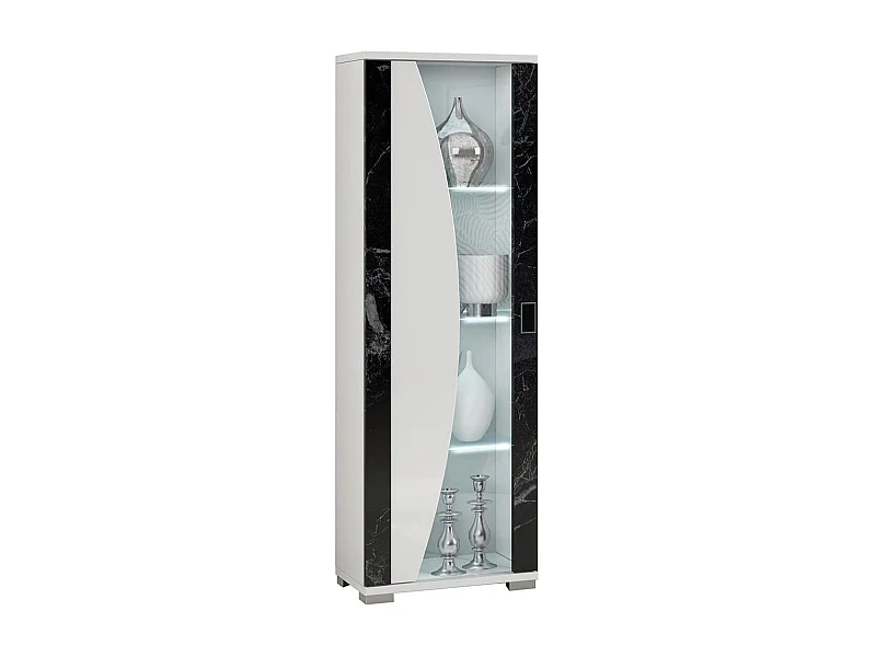 ARIANE - Vitrine 1 Porte Blanc Eclairage Led intégré avec Décor Latéral Aspect Marbre Noir