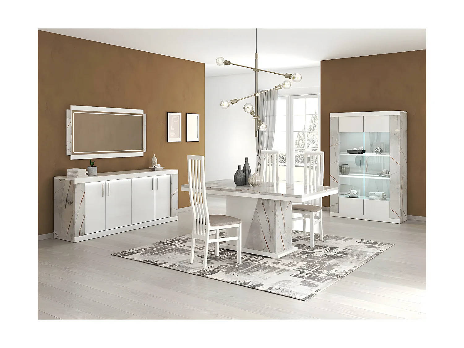 EROS - Vitrine 2 Portes Blanc Eclairage Led intégré avec Décor Latéral Aspect Marbre