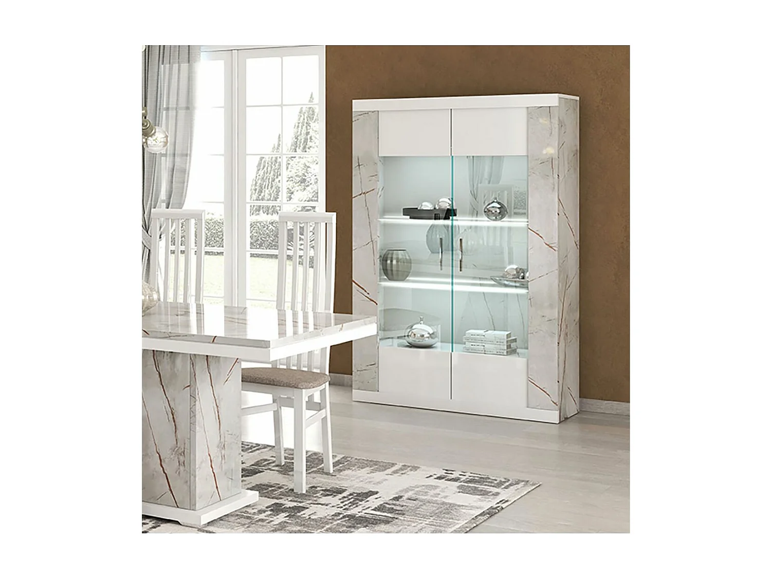 EROS - Vitrine 2 Portes Blanc Eclairage Led intégré avec Décor Latéral Aspect Marbre