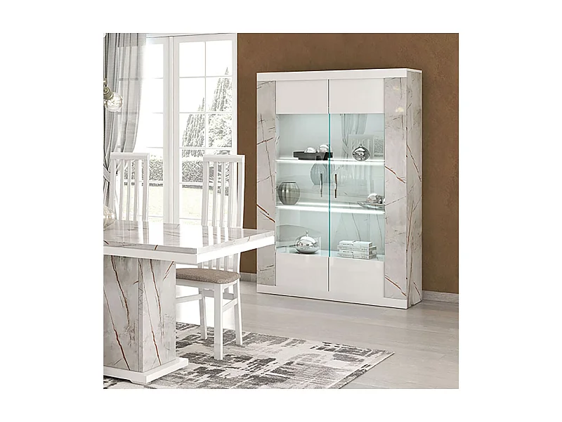 EROS - Vitrine 2 Portes Blanc Eclairage Led intégré avec Décor Latéral Aspect Marbre