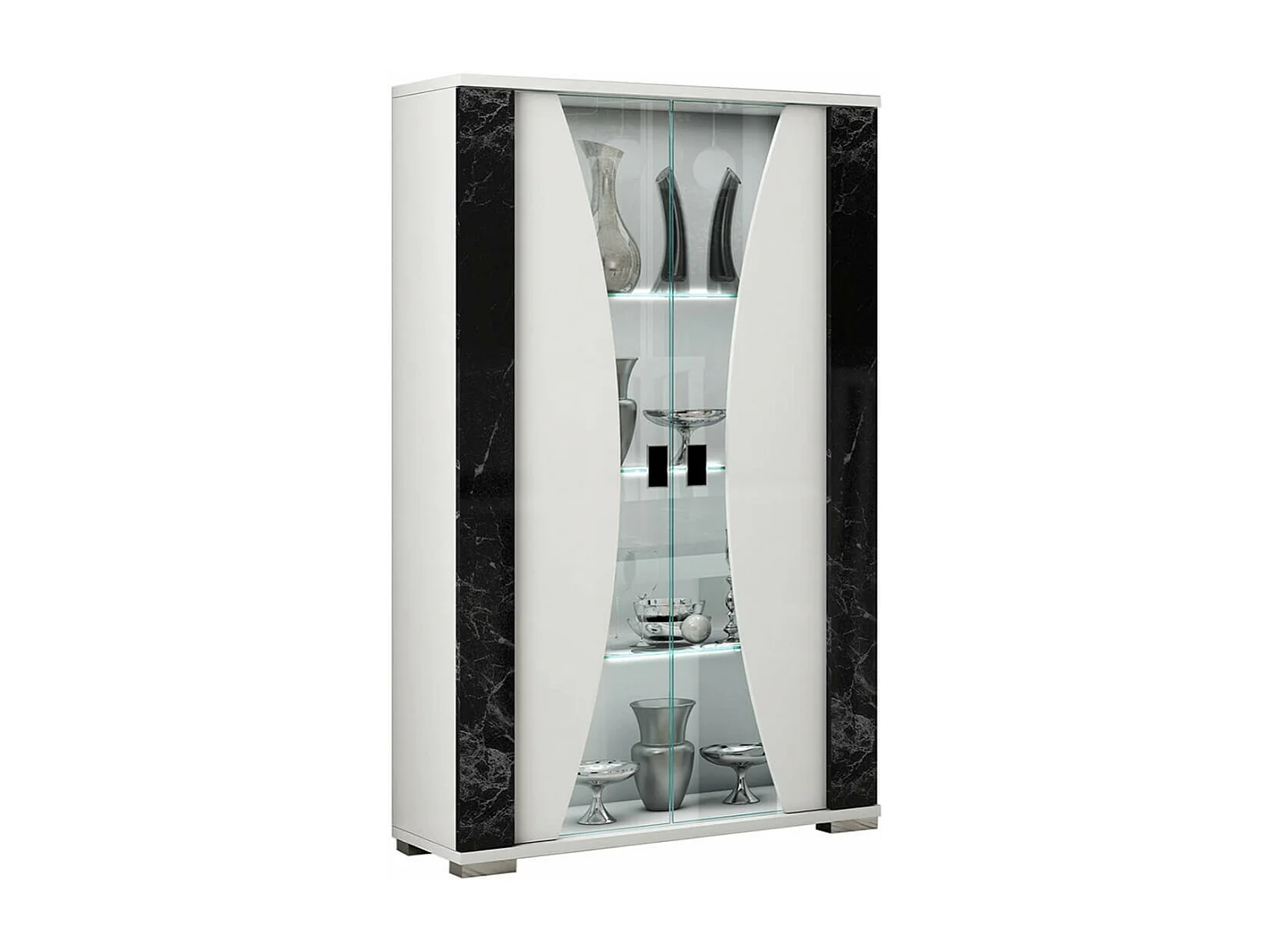 ARIANE - Vitrine 2 Portes Blanc Eclairage Led intégré avec Décor Latéral Aspect Marbre Noir