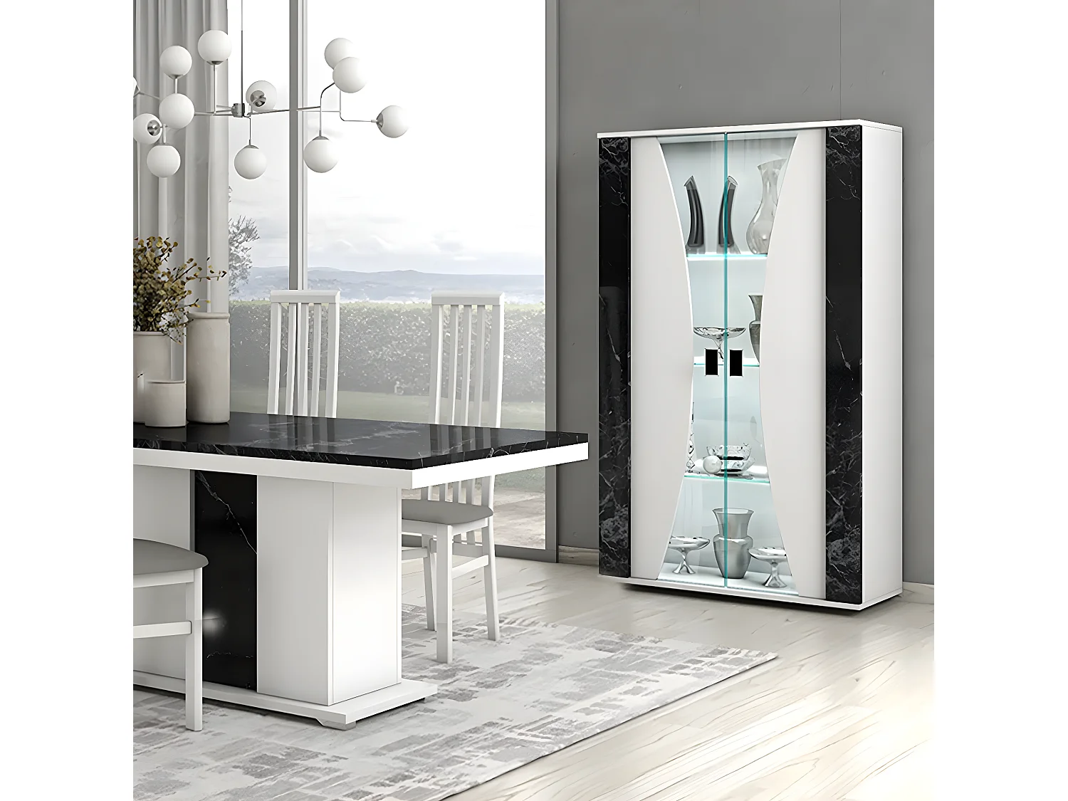 ARIANE - Vitrine 2 Portes Blanc Eclairage Led intégré avec Décor Latéral Aspect Marbre Noir