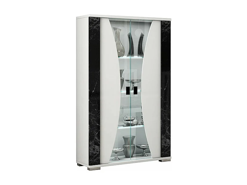 ARIANE - Vitrine 2 Portes Blanc Eclairage Led intégré avec Décor Latéral Aspect Marbre Noir